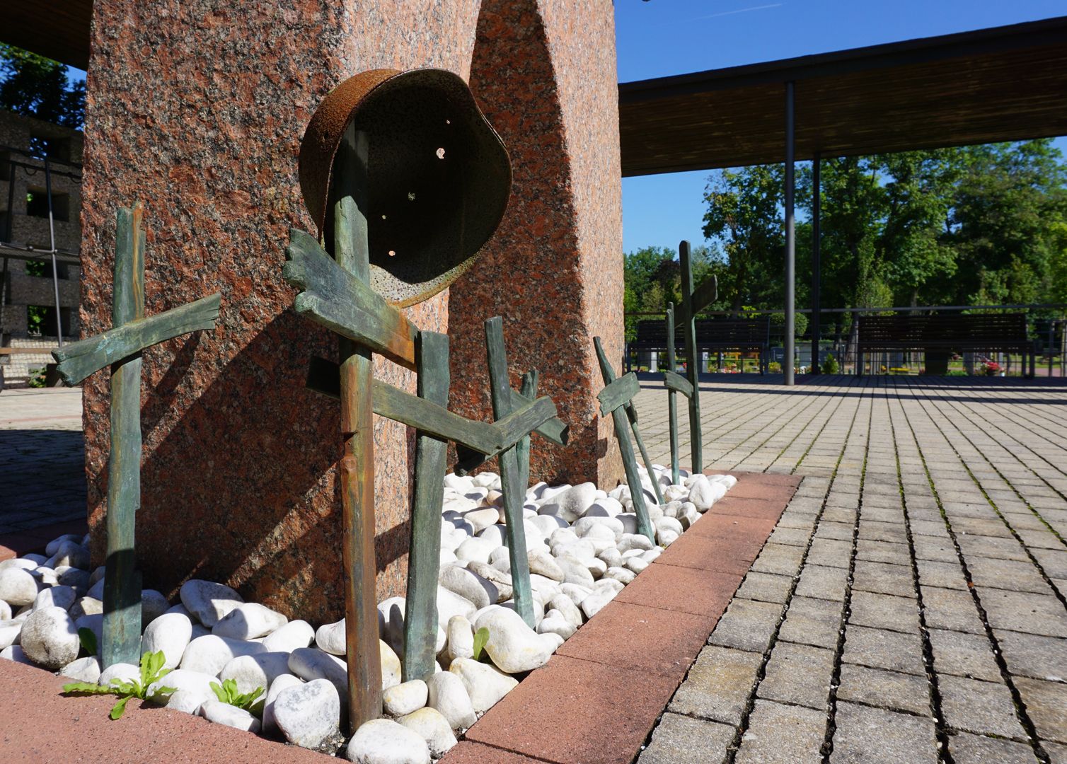 Memorial for war victims Detail view with perforated steel helmet from the Second World Wa