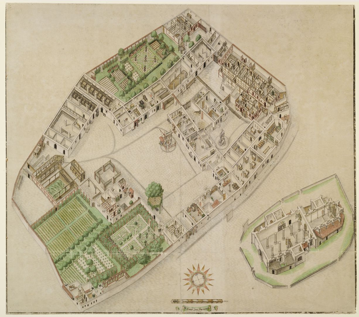 Isometric Picture of the whole plan of the German House in Nuremberg with view into the ground floors General view: at the bottom flower and kitchen garden (the western area was the cultivated part), at the top the so called gold-workers´ garden, on the right of that the old hospice houses and tenements