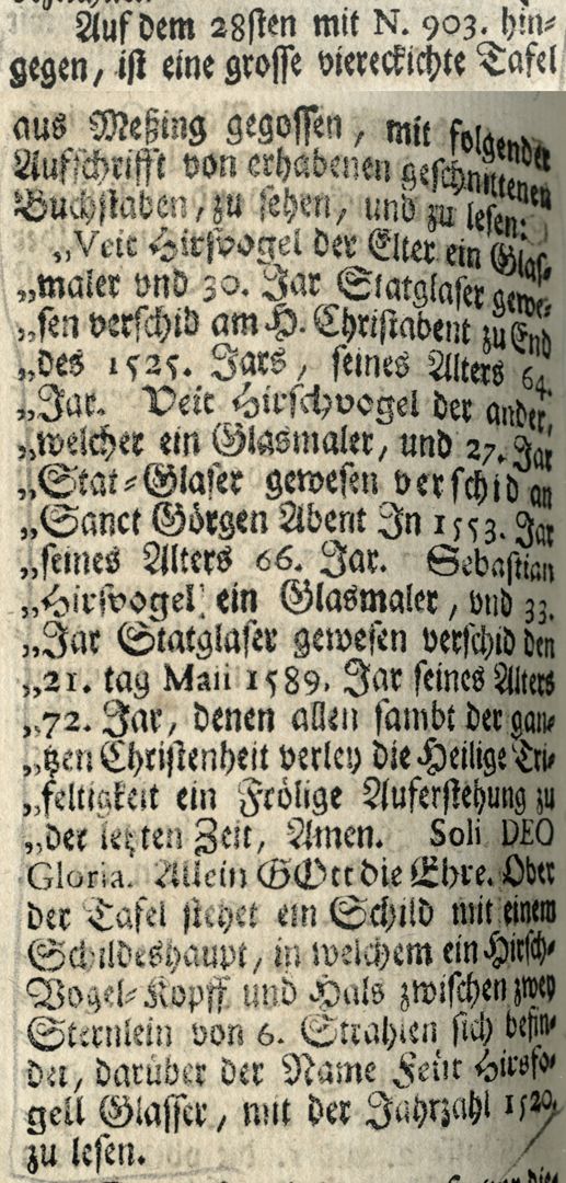 Hirsvogel Epitaph Excerpt from Joh. Martin Trechsel's, Großkopf genannt: "Verneuertes Gedächtnis des nürnbergischen Johannis Kirch Hof ...". , Franckf. & Leipzig 1735