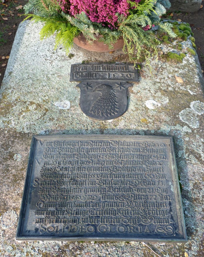 Hirsvogel Epitaph Gravestone with coat of arms and brass plate