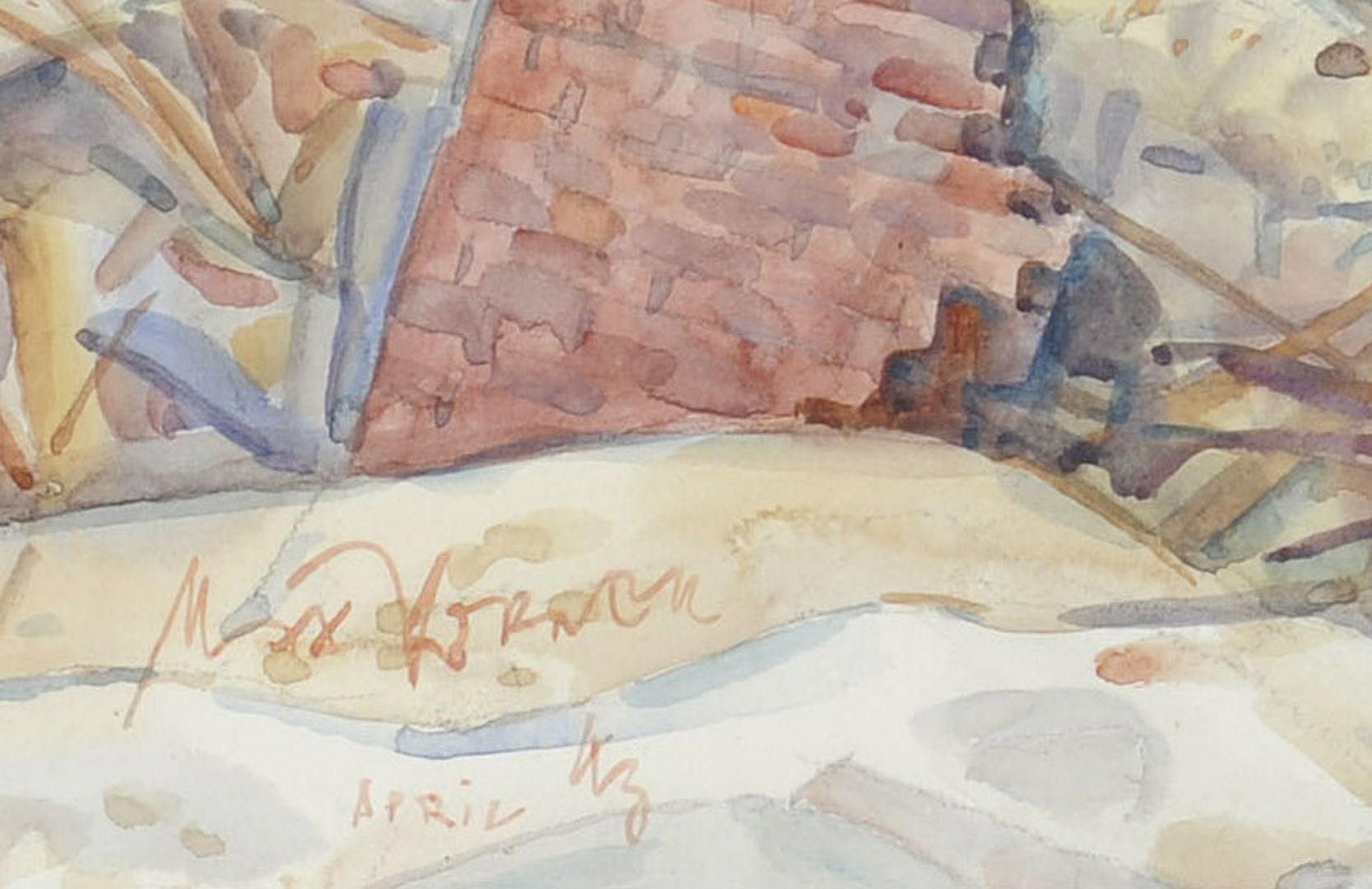 ruined houses on Kirchenweg Detail with artist's signature