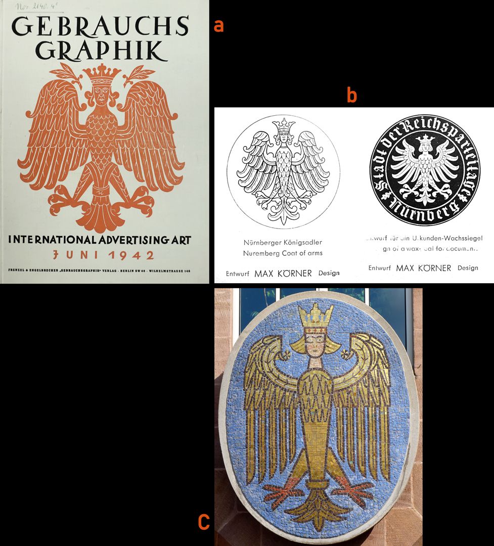 Large Nuremberg city coat of arms 548 / 5.000 a: Commercial graphics, June 1942, cover image by Max Körner (Nuremberg City Library inventory number: Nor 2140.4°) / b: Commercial graphics, June 1942 page 7 (Nuremberg City Library inventory number: Nor 2140.4°) / c: City coat of arms on the