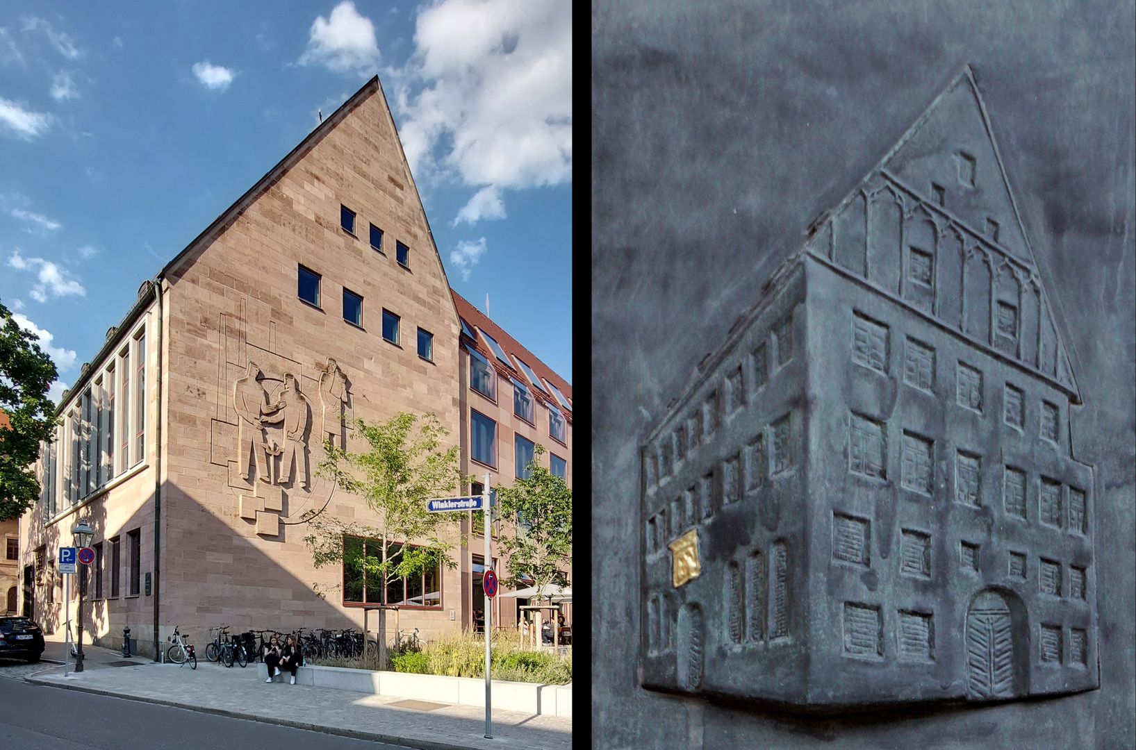 Memorial plaque / weighing building and weighing relief by Adam Kraft Image comparison: new IHK building on the left, relief depiction of the old scale on the memorial plaque on the right (the old location of the scale relief by Adam Kraft highlighted in gold)